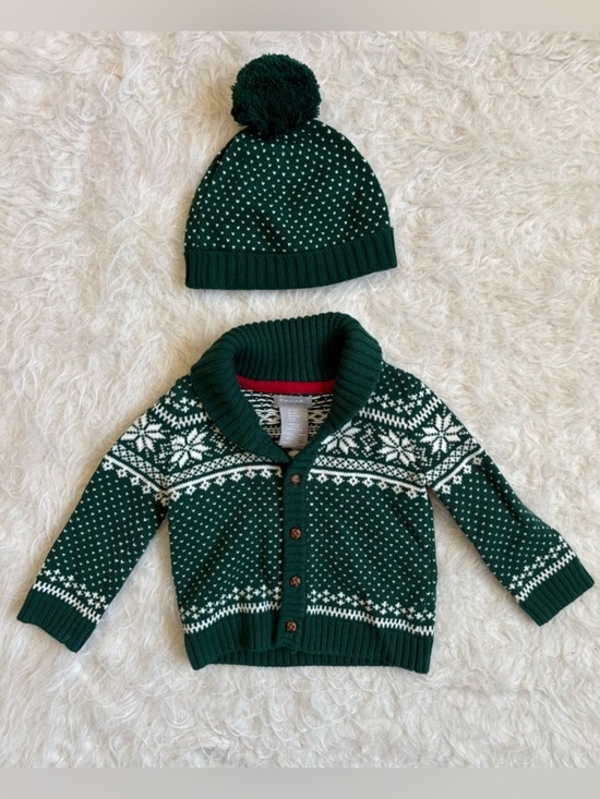 Tahari Other - Tahari Festive Baby Cozy Knit Green & Snowflake Cardigan and Hat Set